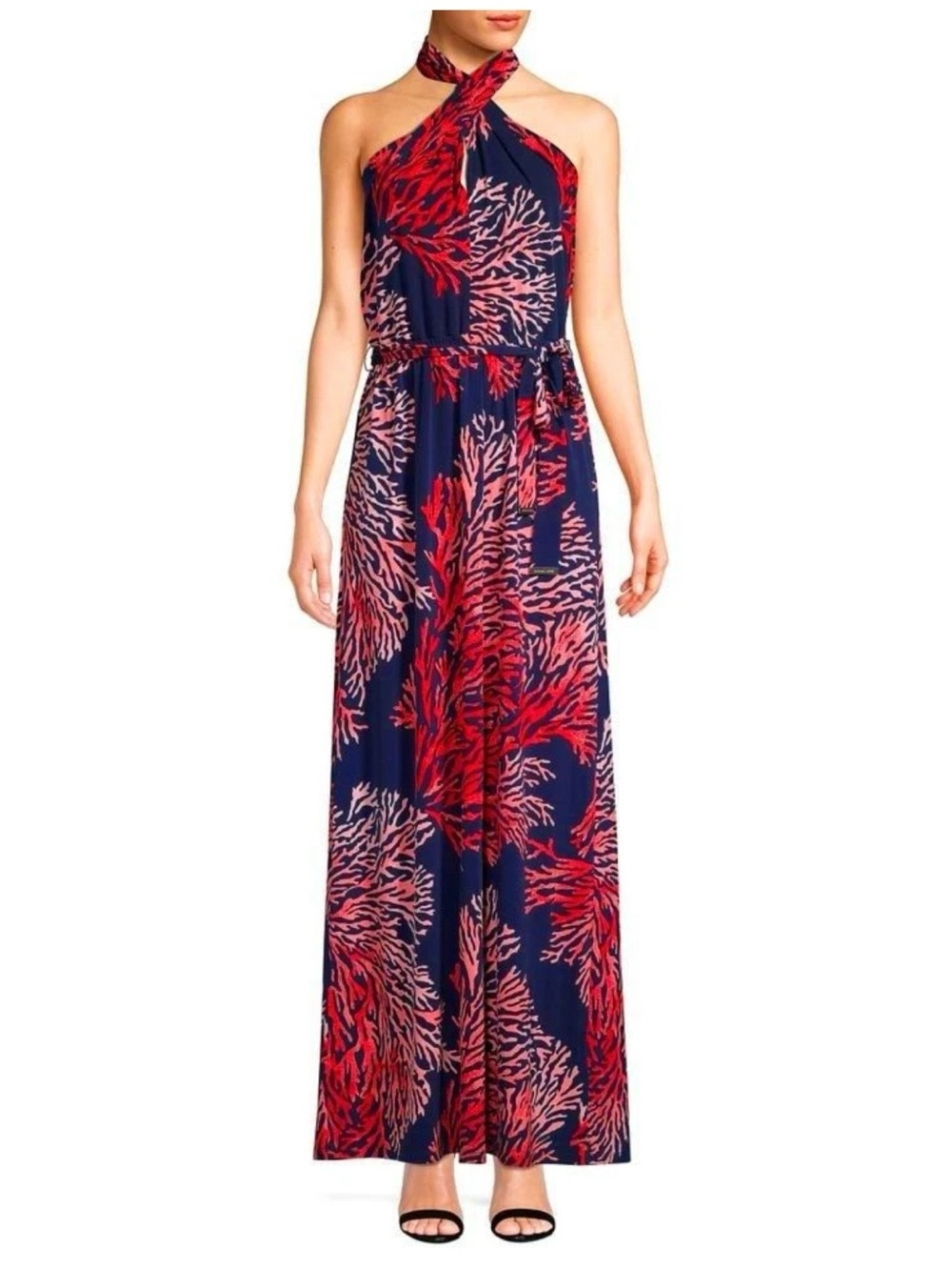 Michael Kors Navy Maxi Dress with Red Coral Print Halter Neck